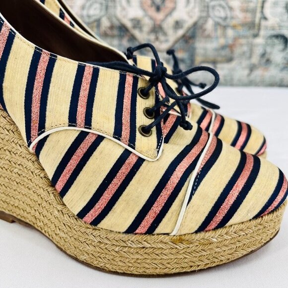 Tabitha Simmons Striped Espadrille Wedges Size 40 Pink Blue Stripe - Picture 2 of 11